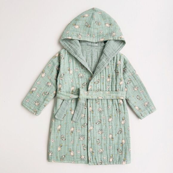 KIDS Organic Muslin Cotton Bathrobe - Reversible Sleepy sheep green - Picture 1 of 6